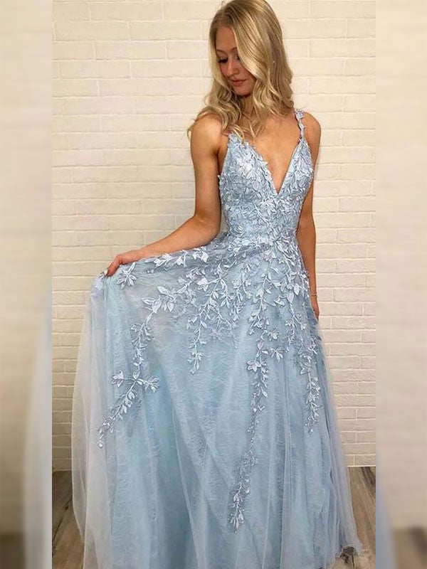 Sleeveless Amazing Long V-neck With Appliques Tulle Prom Dress online