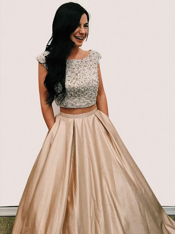 Gorgeous Scoop Sleeveless Long Beading Prom Dress with Satin