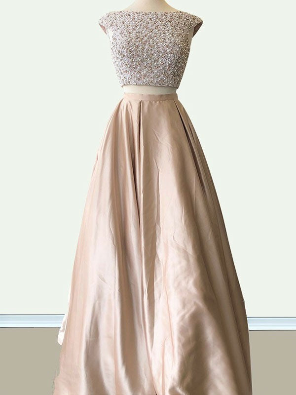 Gorgeous Scoop Sleeveless Long Beading Prom Dress with Satin