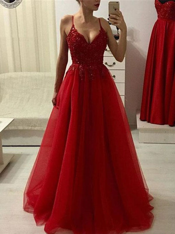 Gorgeous Spaghetti-Straps Sleeveless Long With Appliques Tulle Prom Dress online