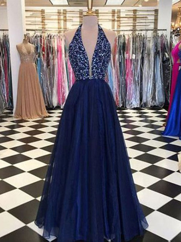 Gorgeous Halter Sleeveless Long Beading Tulle Prom Dress online