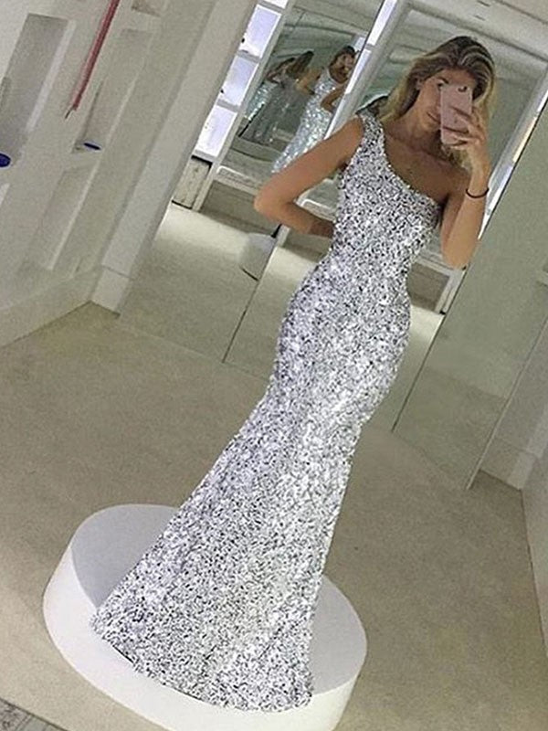 New Arrival One Shoulder Sleeveless Long Ruffles Sequins Prom Dress