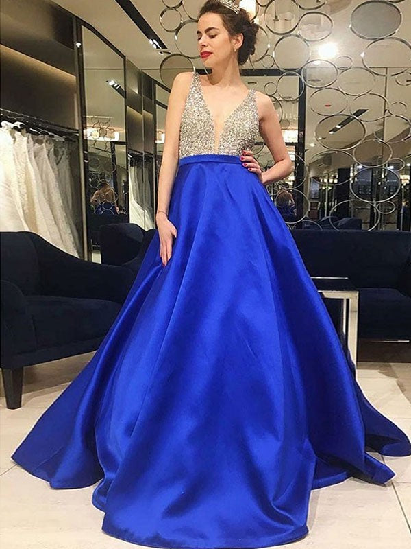 Gorgeous V-neck  Sleeveless Beading Prom Dress with Satin