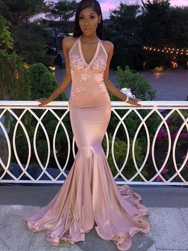 Beautiful Sleeveless Mermaid Halter  With Appliques Prom Dress with Elastic Woven Satin