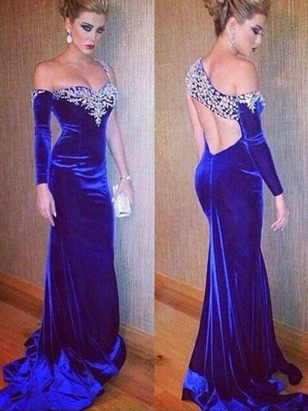 SheathLong Sleeves One-Shoulder  Beading Prom Dress with Velvet