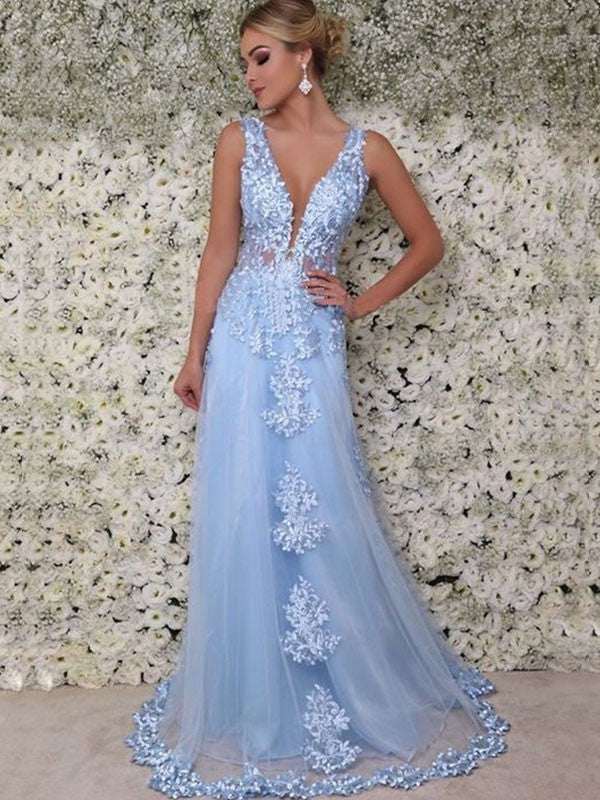 Sleeveless Amazing V-neck Long With Appliques Tulle Prom Dress online