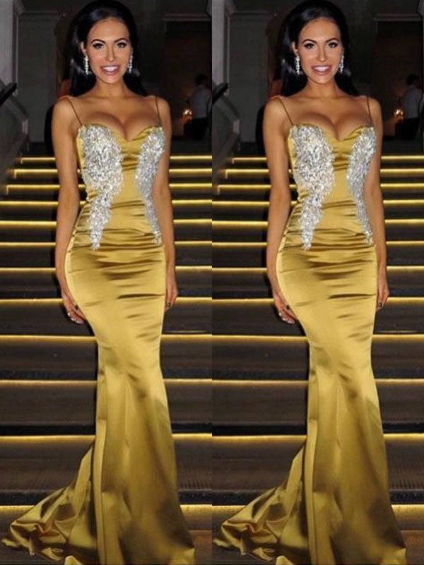 Beautiful Sleeveless Mermaid Spaghetti-Straps  Beading Prom Dress with Satin