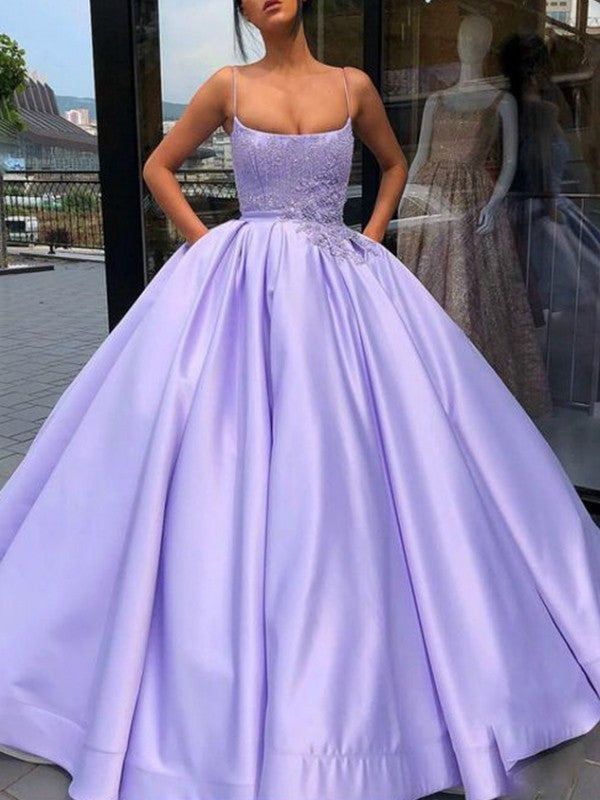 Ball Gown Satin With Appliques Spaghetti-Straps Sleeveless Long Prom Dress