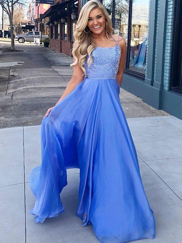 Gorgeous Chiffon Beading Spaghetti-Straps Sleeveless Long Prom Dress