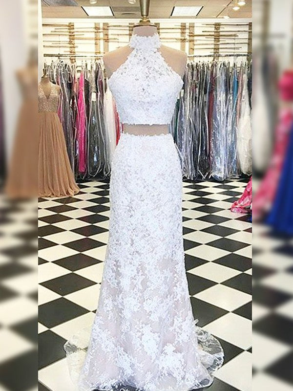Fabulous Sheath With Appliques Halter Sleeveless  Two Piece Prom Dress with Lace