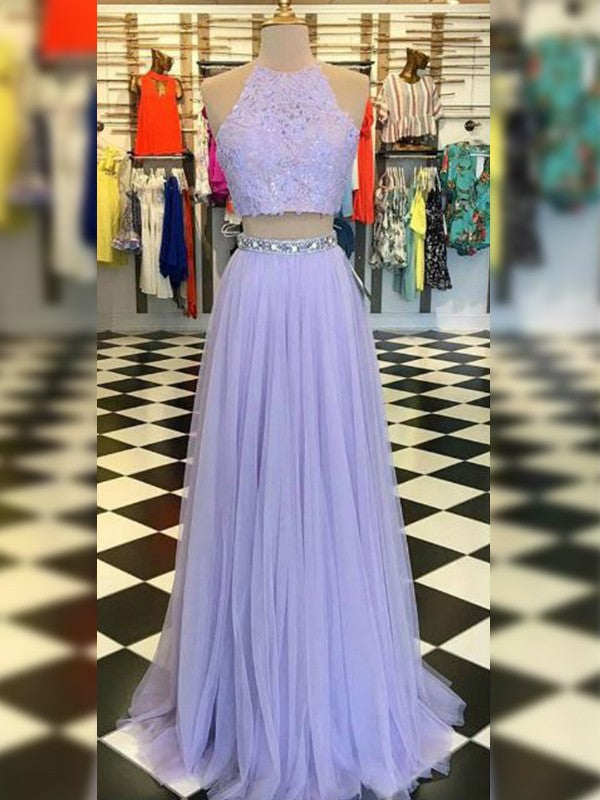 Gorgeous Tulle Halter Sleeveless Long Two Piece Prom Dress with Lace