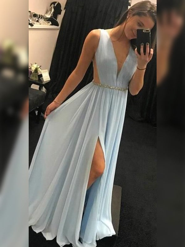 Gorgeous Chiffon Sash/Ribbon/Belt Sleeveless Long V-neck Prom Dress