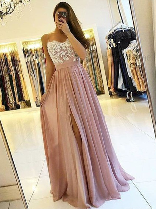 Sleeveless Amazing Spaghetti-Straps Long With Appliques Prom Dress with Chiffon