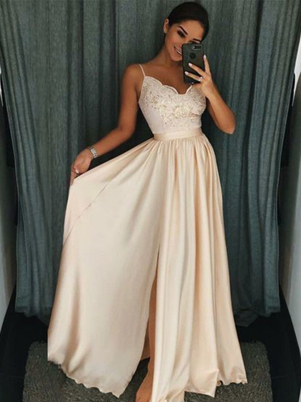 Sleeveless Amazing Spaghetti-Straps Long With Appliques Prom Dress On Sale