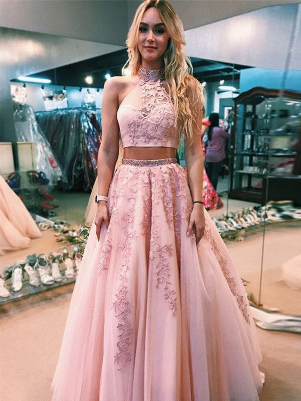 Sleeveless Amazing Halter Long With Appliques Two Piece Tulle Prom Dress online