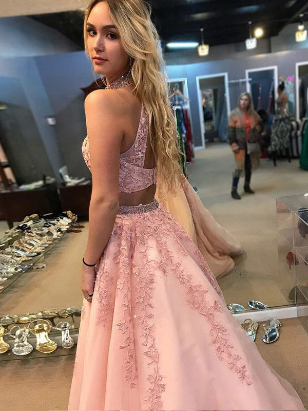 Sleeveless Amazing Halter Long With Appliques Two Piece Tulle Prom Dress online