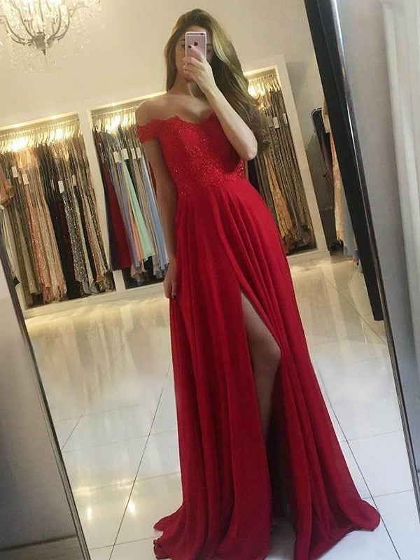 Gorgeous Off-the-Shoulder  Sleeveless Beading Prom Dress with Chiffon