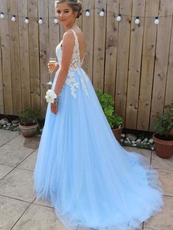 Gorgeous V-neck  Sleeveless With Appliques Tulle Prom Dress online