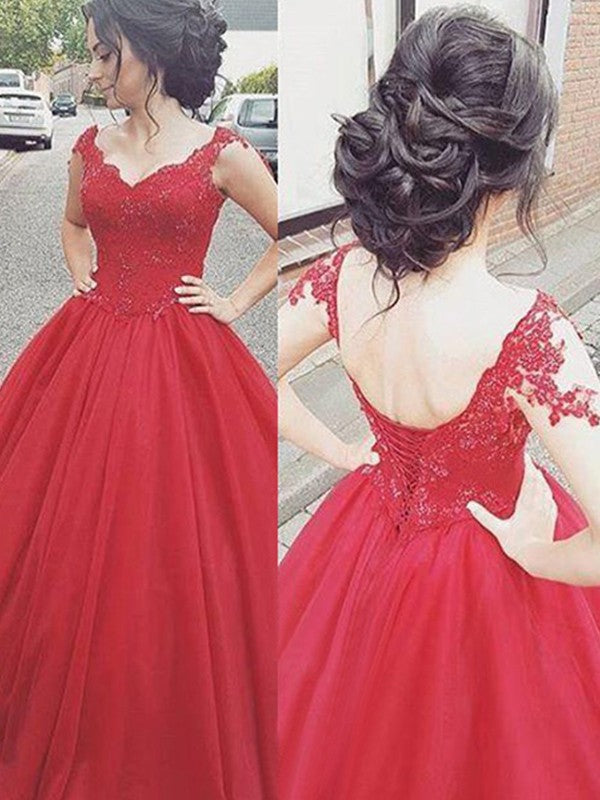 Ball Gown Sleeveless Long V-neck With Appliques Prom Dress with Satin