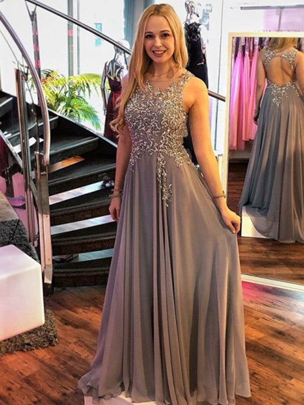 Gorgeous Scoop Sleeveless Long With Appliques Prom Dress with Chiffon