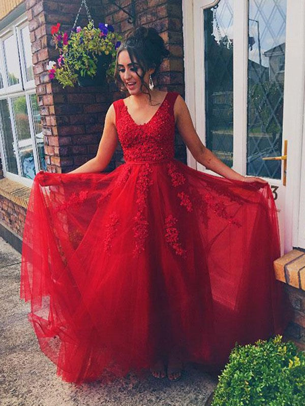 Sleeveless Amazing Long V-neck With Appliques Tulle Prom Dress online