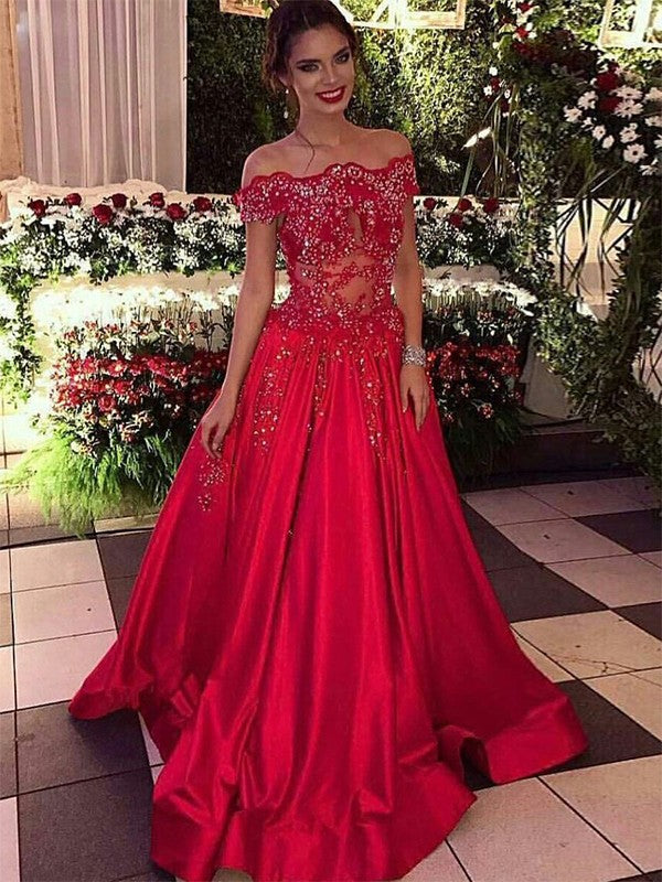 Ball Gown Off-the-Shoulder  Sleeveless Beading Prom Dress with Satin