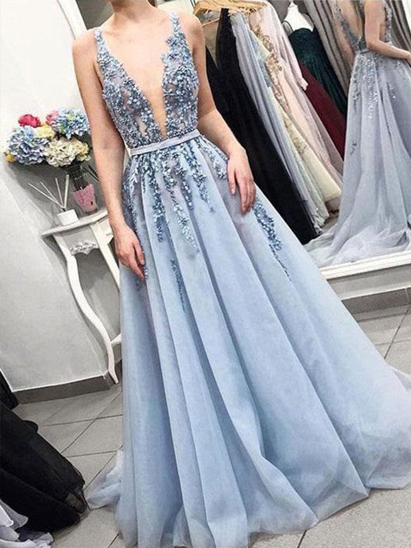 Classic V-Neck Sleeveless With Appliques Tulle Prom Dress online