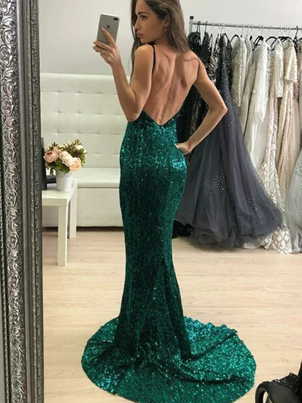 Chic Mermaid Sequins V-neck Ruffles  Sleeveless Prom Dress