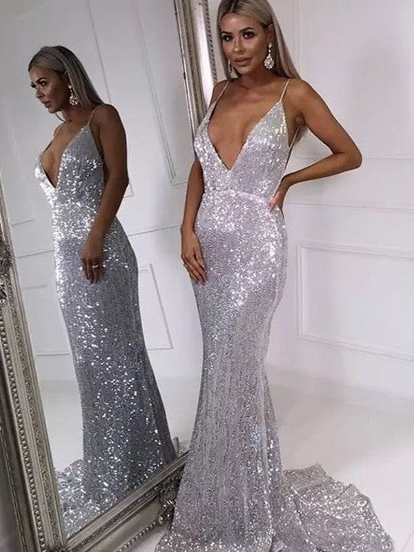 Chic Mermaid Ruffles V-neck  Sleeveless Sequins Prom Dress