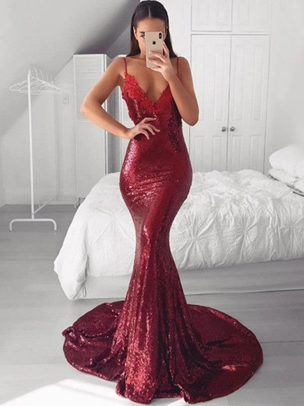 Chic Mermaid V-neck Sequins With Appliques  Sleeveless Prom Dress