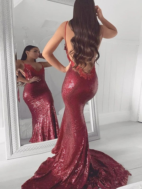Chic Mermaid V-neck Sequins With Appliques  Sleeveless Prom Dress