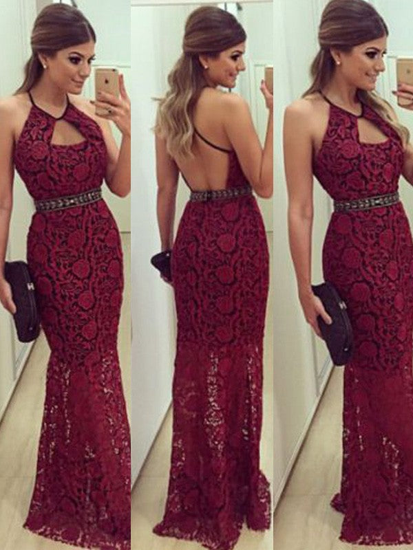 Glamorous Beading Sleeveless Long Halter Lace Prom Dress