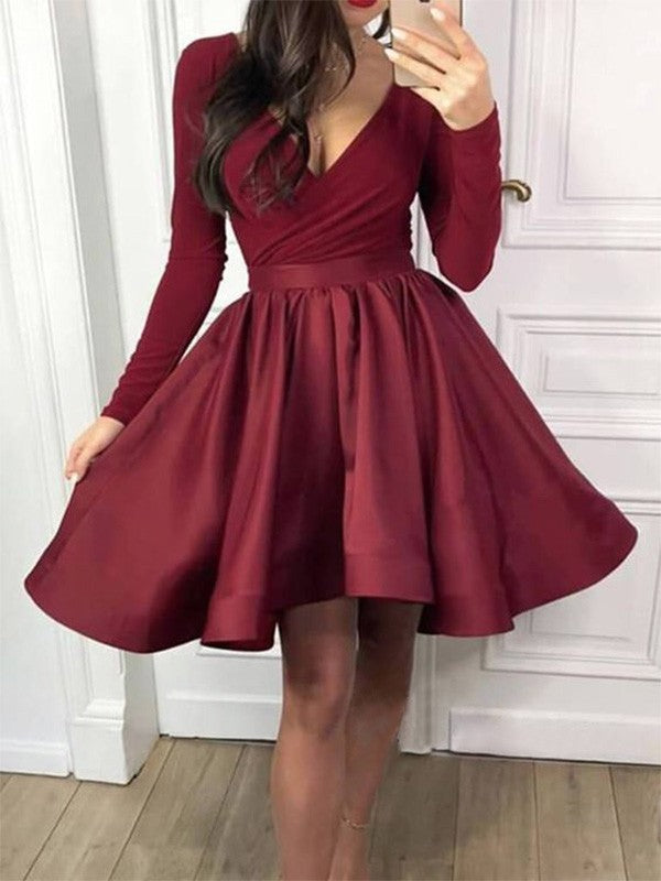 Gorgeous Ruffles Long Sleeves V-neck Satin Homecoming Dress