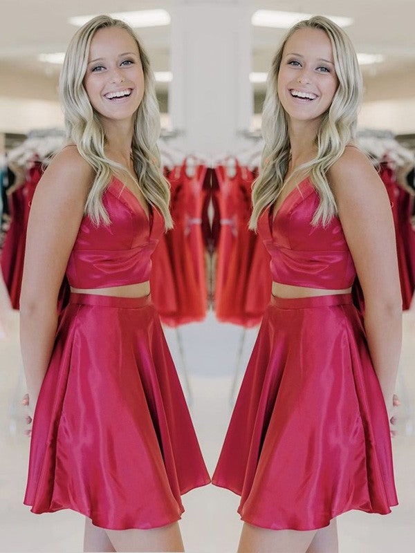 Gorgeous V-neck Ruffles Satin Sleeveless Two Piece Homecoming Dress