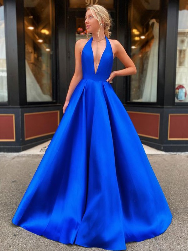 Gorgeous Long V-neck Sleeveless Satin Ruffles Prom Dress