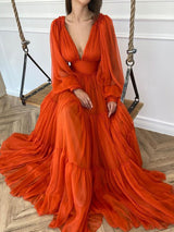 Gorgeous  V-neck Long Sleeves 30D Chiffon Ruffles Prom Dress