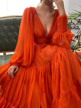 Gorgeous  V-neck Long Sleeves 30D Chiffon Ruffles Prom Dress