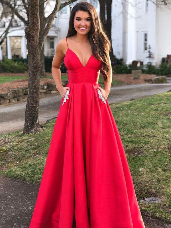 Gorgeous Long V-neck Sleeveless Satin Beading Prom Dress