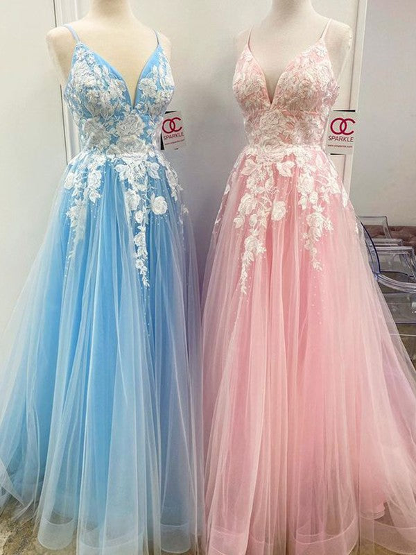 Gorgeous Long V-neck With Appliques Sleeveless Tulle Prom Dress