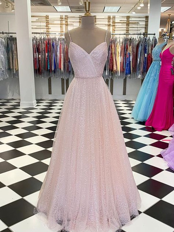 Gorgeous Long Spaghetti-Straps Sleeveless Tulle Ruffles Prom Dress