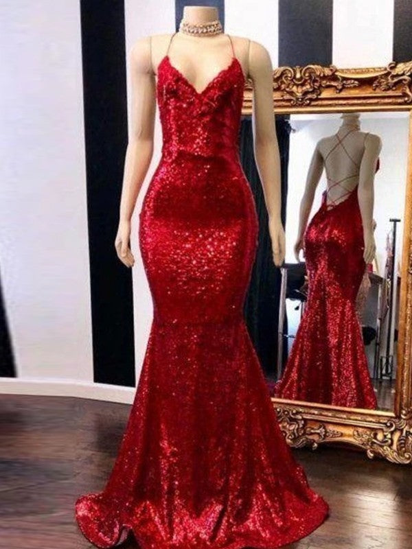 Chic Mermaid  Spaghetti-Straps Sleeveless Sequins Prom Dress