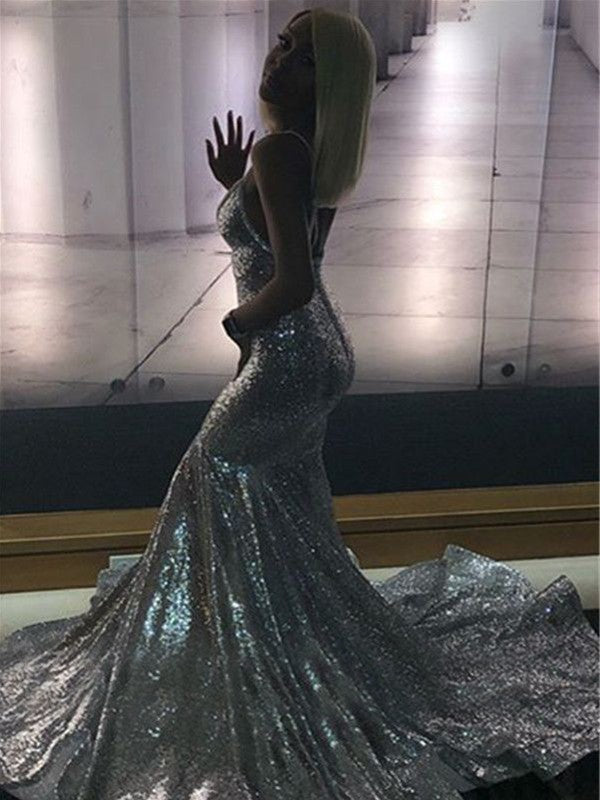 Chic Mermaid Court Train V-neck Sleeveless Sequins Prom Dress
