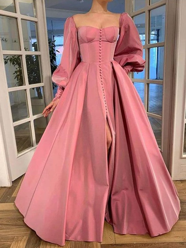 Gorgeous Long Sleeves Square Ruffles Satin Long Prom Dress