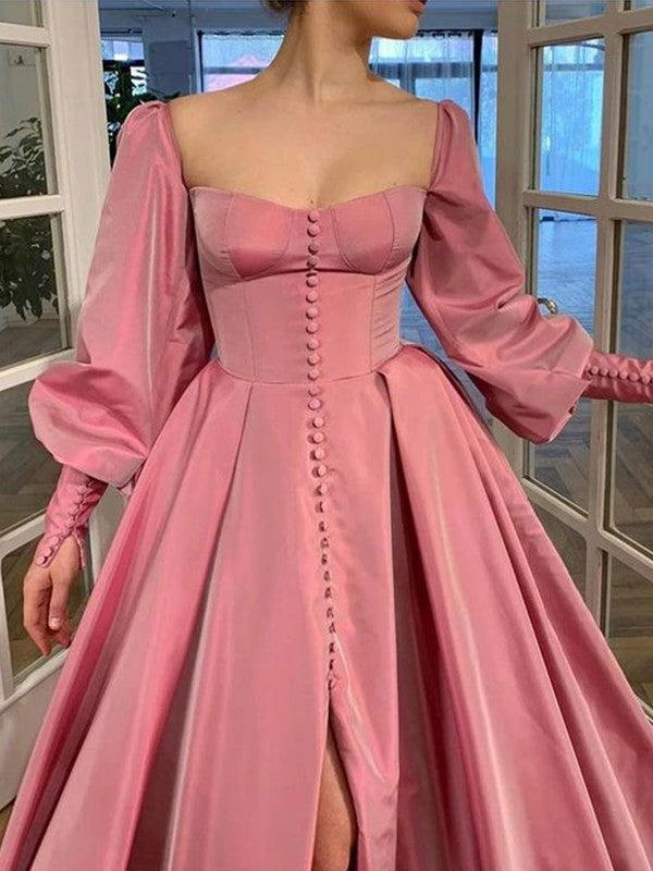 Gorgeous Long Sleeves Square Ruffles Satin Long Prom Dress