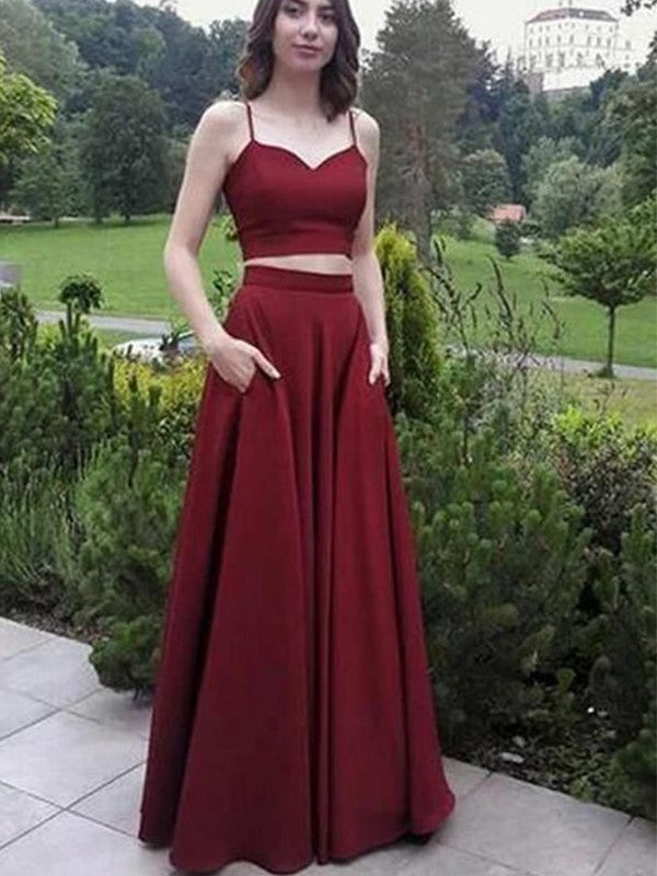 Gorgeous Satin Spaghetti-Straps Sleeveless Ruffles Long Two Piece Prom Dress