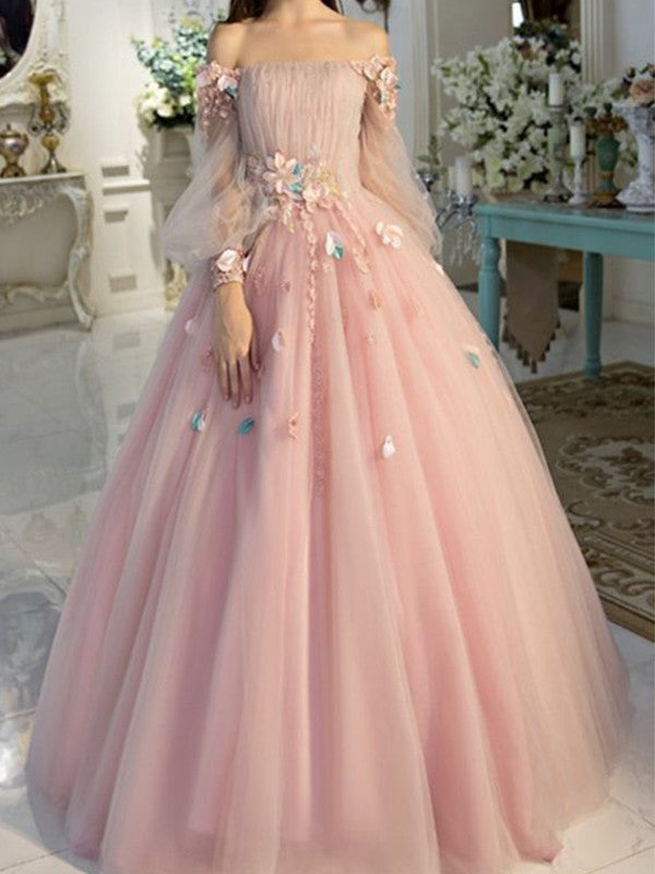 Ball Gown Off-the-Shoulder Tulle Long Sleeves Hand-Made Flower Long Prom Dress