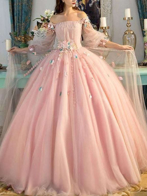 Ball Gown Off-the-Shoulder Tulle Long Sleeves Hand-Made Flower Long Prom Dress
