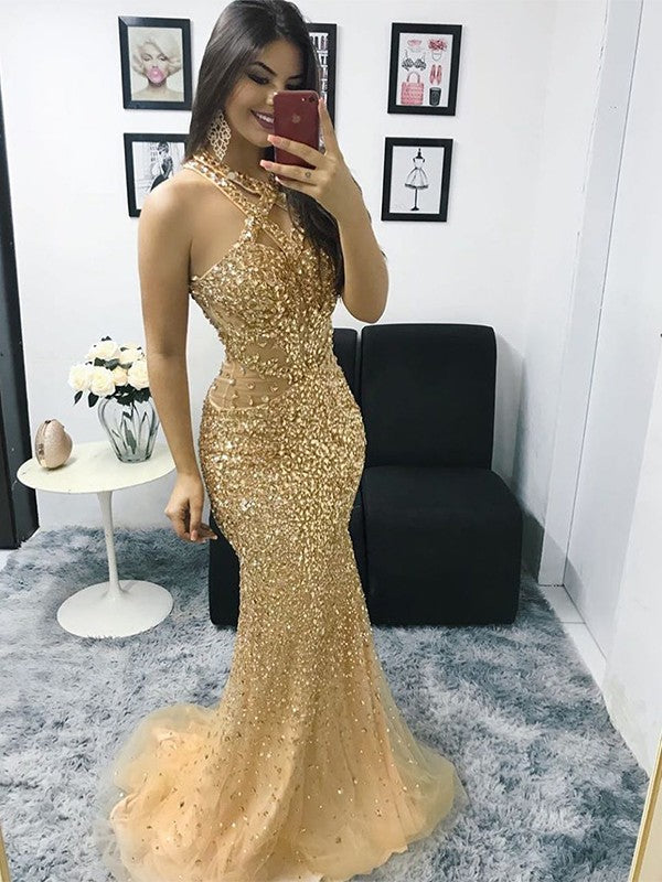 Chic Mermaid Tulle Beading Halter Sleeveless  Prom Dress