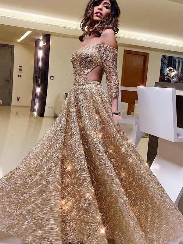 Gorgeous Off-the-Shoulder Long Sleeves Sequins Ruffles Long Prom Dress