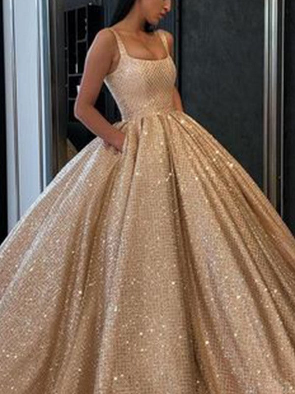 Ball Gown Ruffles Square Sleeveless Long Prom Dress
